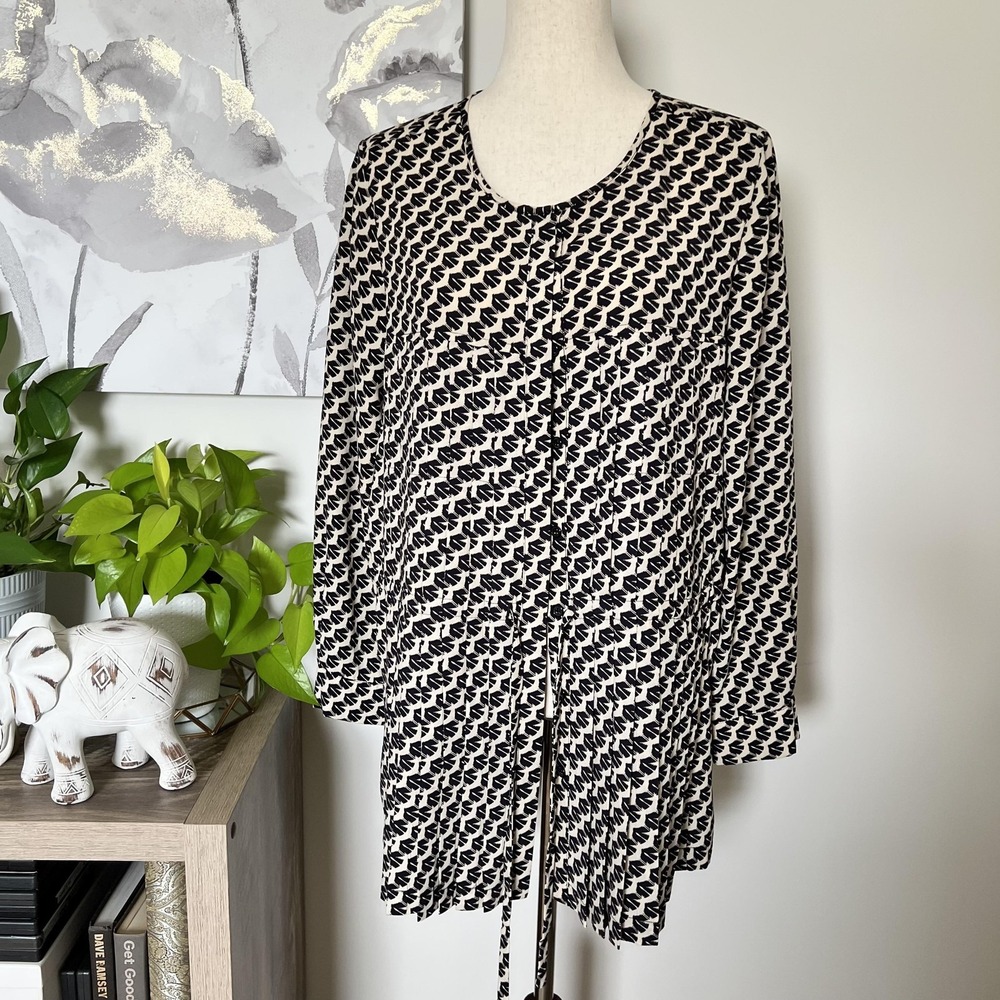 Maeve Anthropologie Black Cream Geometric Print Tunic Top Medium Drawstring Boho
